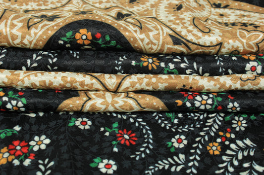Tissu crêpe de soie 100% - imprimé cachemire - marron et noir - photo 2/5 | So Tissus
