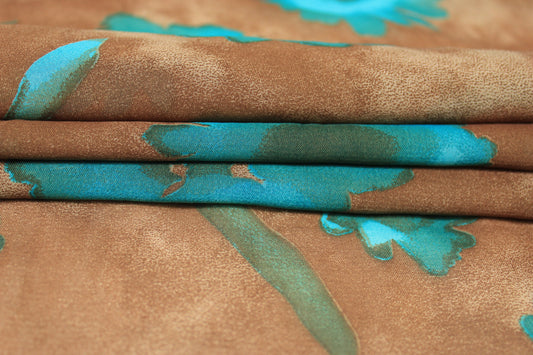 Tissu crêpe georgette - imprimé fleurs vintages - ton marron et bleu - photo 2/5 | So Tissus