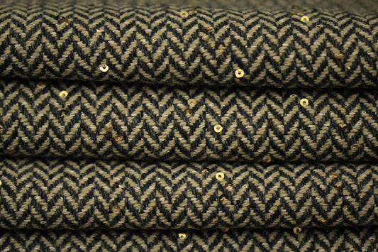 Tissu tweed de coton et laine - chevron - anthracite , beige et paillettes - photo 2/4 | So Tissus