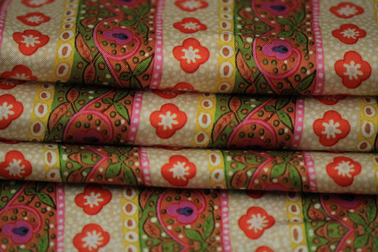 Tissu twill - imprimé rayures fleuris - multicolore vert et orange - photo 2/4 | So Tissus