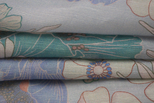 Tissu lin viscose - imprimé fleuri - ton bleu pastel