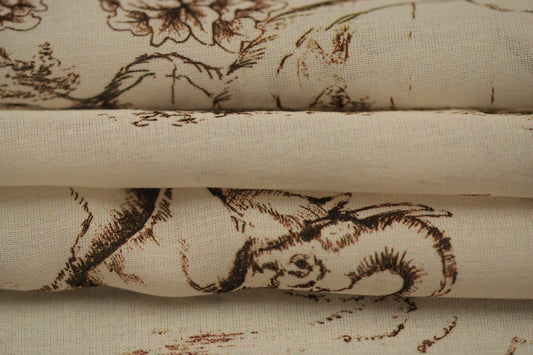 Tissu voile coton viscose - imprimé toile de jouy - écru et marron