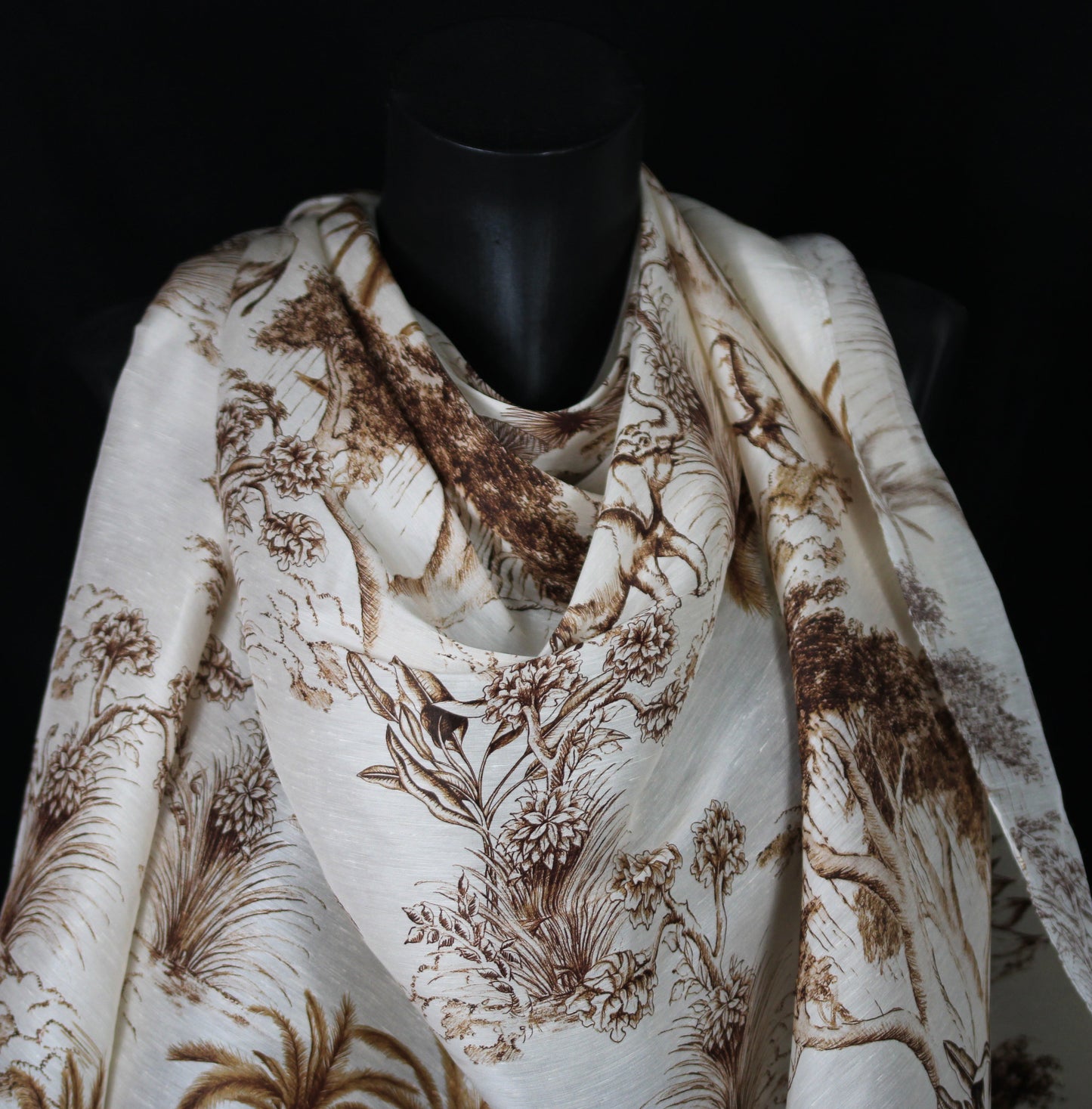 Tissu lin et soie - imprime toile de jouy - écru et marron