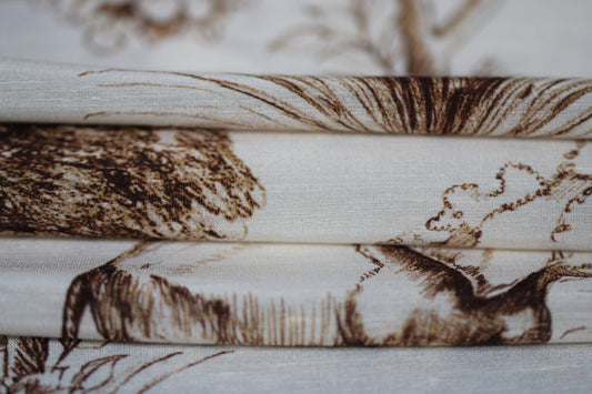Tissu lin et soie - imprime toile de jouy - écru et marron