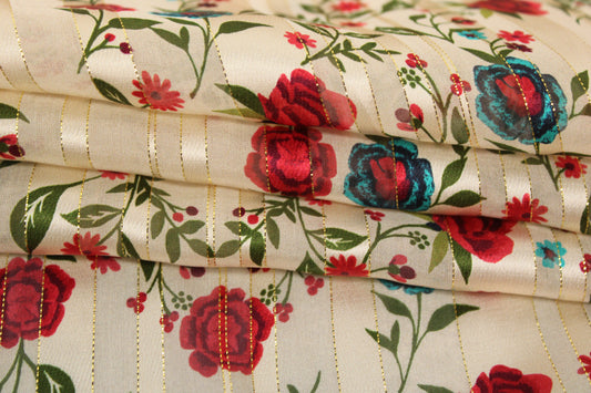 Tissu mousseline de soie - à rayures - imprimé fleuri - ton blanc et rouge - photo 2/5 | So Tissus