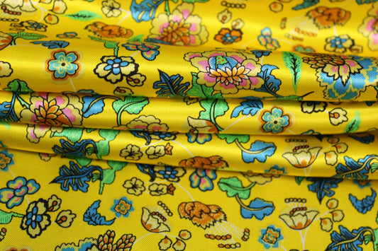 Tissu satin - imprimé fleuri - ton jaune - photo 2/5 | So Tissus