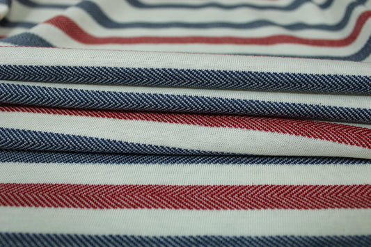 Tissu maille jersey - à rayures - bleu marine, rouge et écru - photo 2/5 | So Tissus