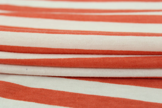 Tissu maille jersey - à rayures - corail et blanc - photo 2/5 | So Tissus