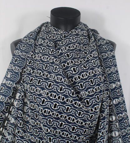 Tissu broderie anglaise - motif chaine - bleu marine et blanc - photo 3/5 | So Tissus