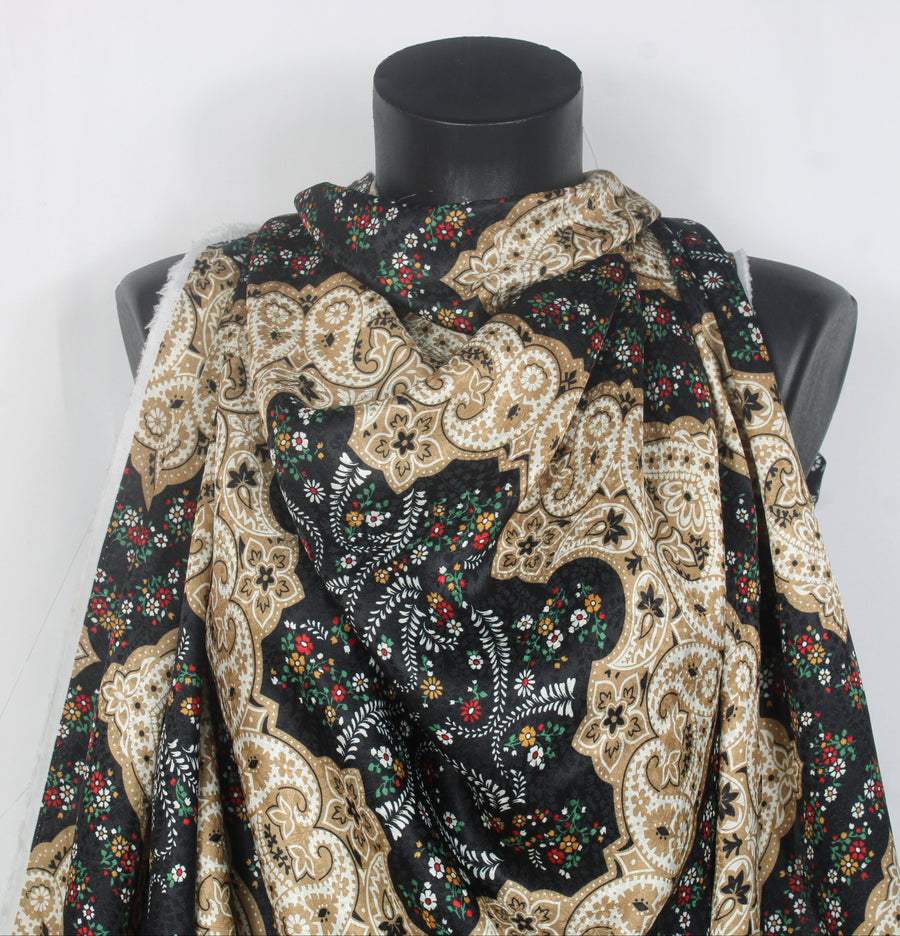 Tissu crêpe de soie 100% - imprimé cachemire - marron et noir