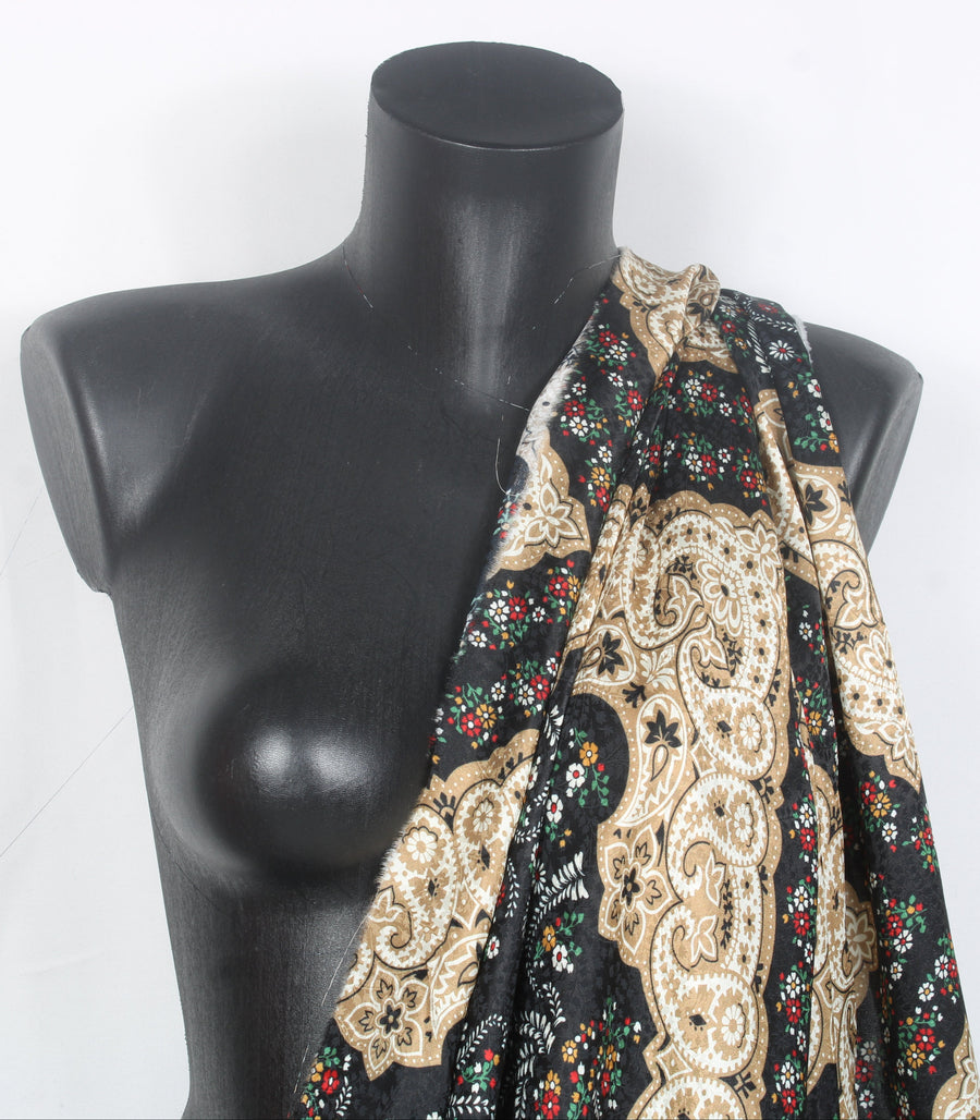 Tissu crêpe de soie 100% - imprimé cachemire - marron et noir