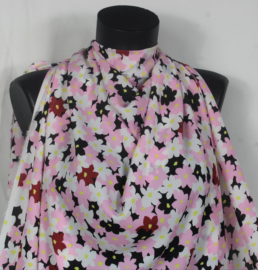 Tissu crêpe georgette  - imprimé fleurs vintages  - noir, rose et blanc