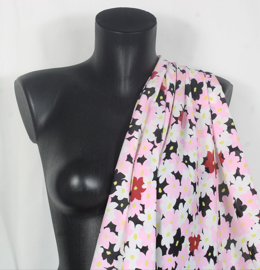 Tissu crêpe georgette  - imprimé fleurs vintages  - noir, rose et blanc