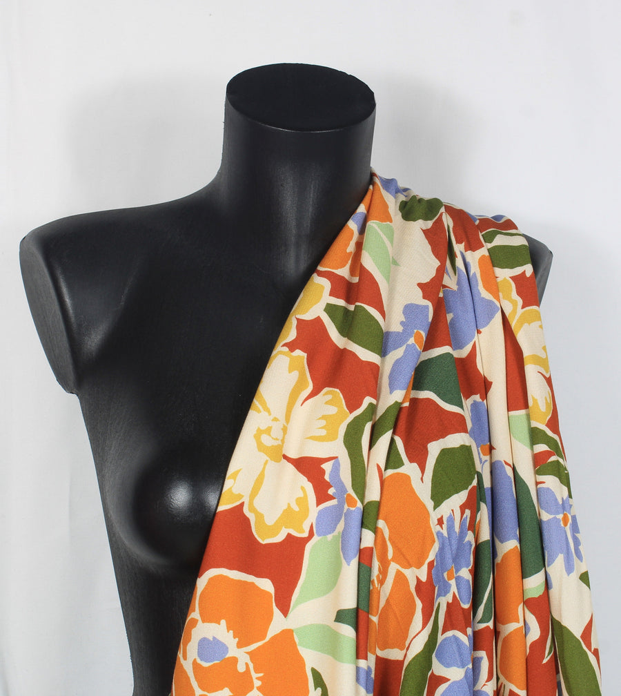 Tissu crêpe viscose - imprimé fleuri - ton terracota