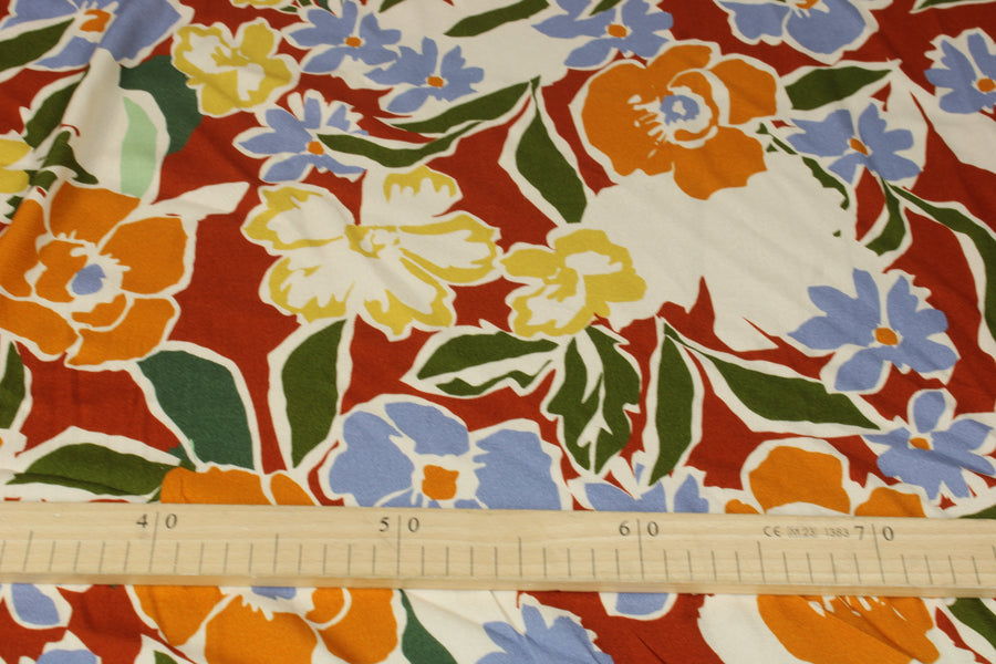 Tissu crêpe viscose - imprimé fleuri - ton terracota