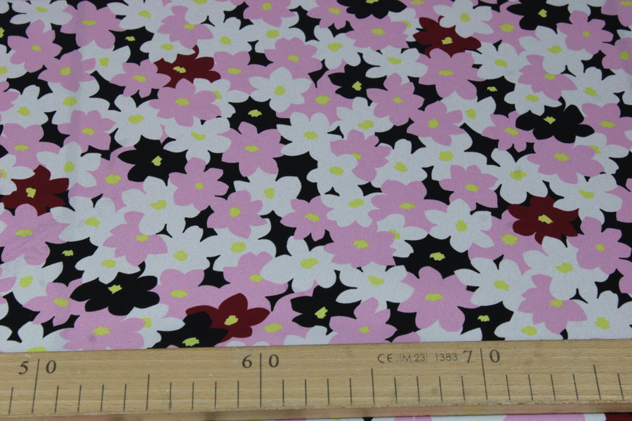 Tissu crêpe georgette  - imprimé fleurs vintages  - noir, rose et blanc