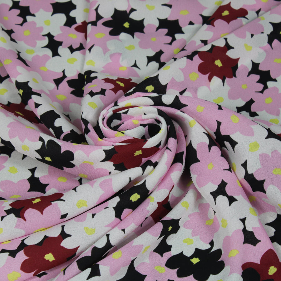 Tissu crêpe georgette  - imprimé fleurs vintages  - noir, rose et blanc