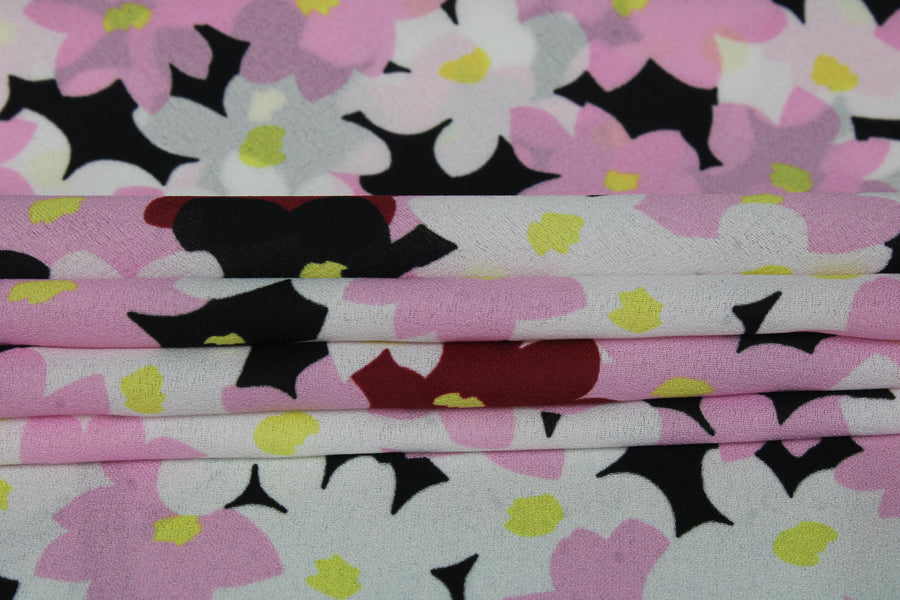 Tissu crêpe georgette  - imprimé fleurs vintages  - noir, rose et blanc