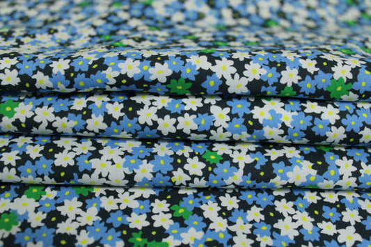 Tissu popeline de coton prestige - imprimé fleuri - ton bleu - photo 2/5 | So Tissus