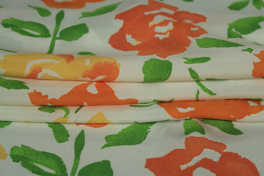 Tissu crêpe viscose - imprimé fleurs vintage - blanc, vert, orange - photo 2/5 | So Tissus