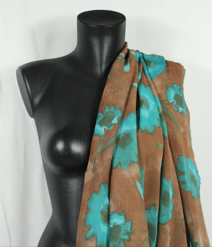Tissu crêpe georgette  - imprimé fleurs vintages - ton marron et bleu - photo 4/5 | So Tissus