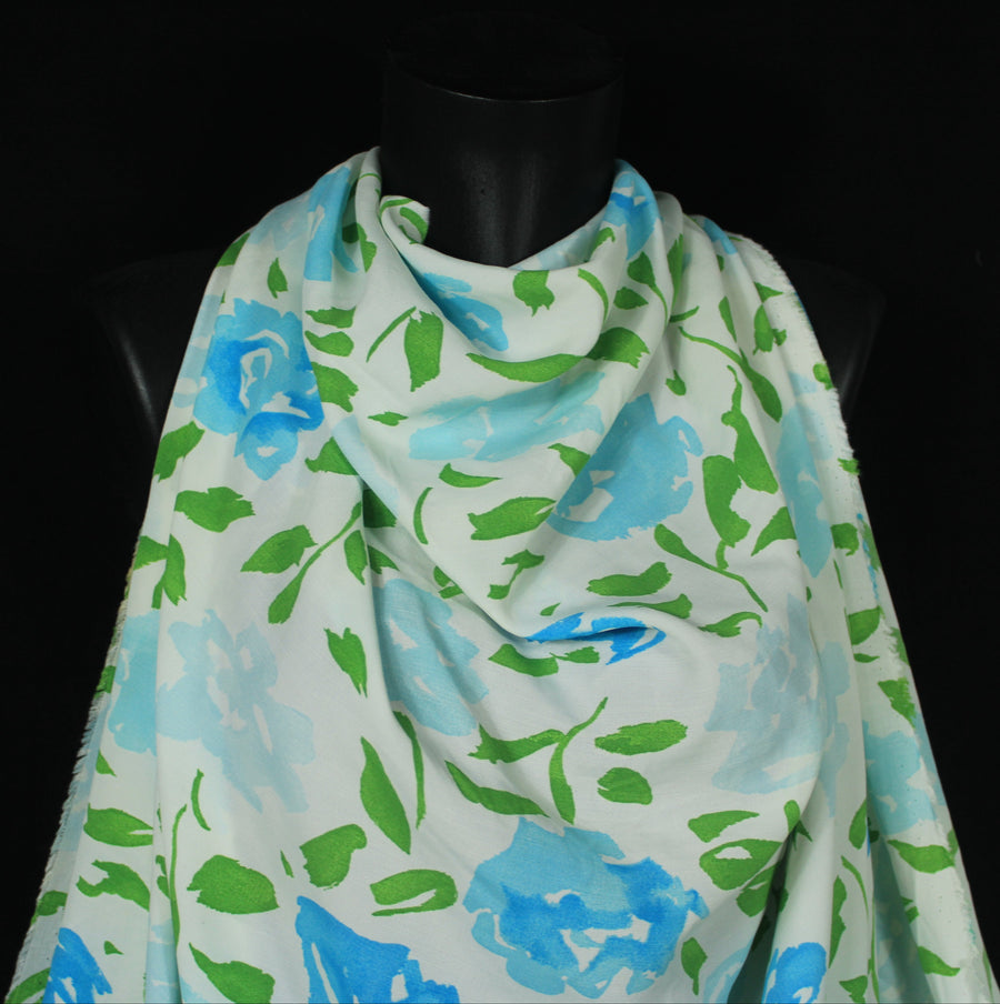 Tissu crêpe viscose - imprimé fleurs vintage - blanc, vert, bleu