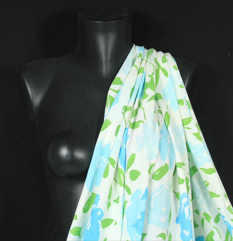 Tissu crêpe viscose - imprimé fleurs vintage - blanc, vert, bleu