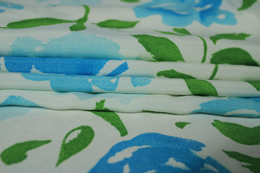 Tissu crêpe viscose - imprimé fleurs vintage - blanc, vert, bleu
