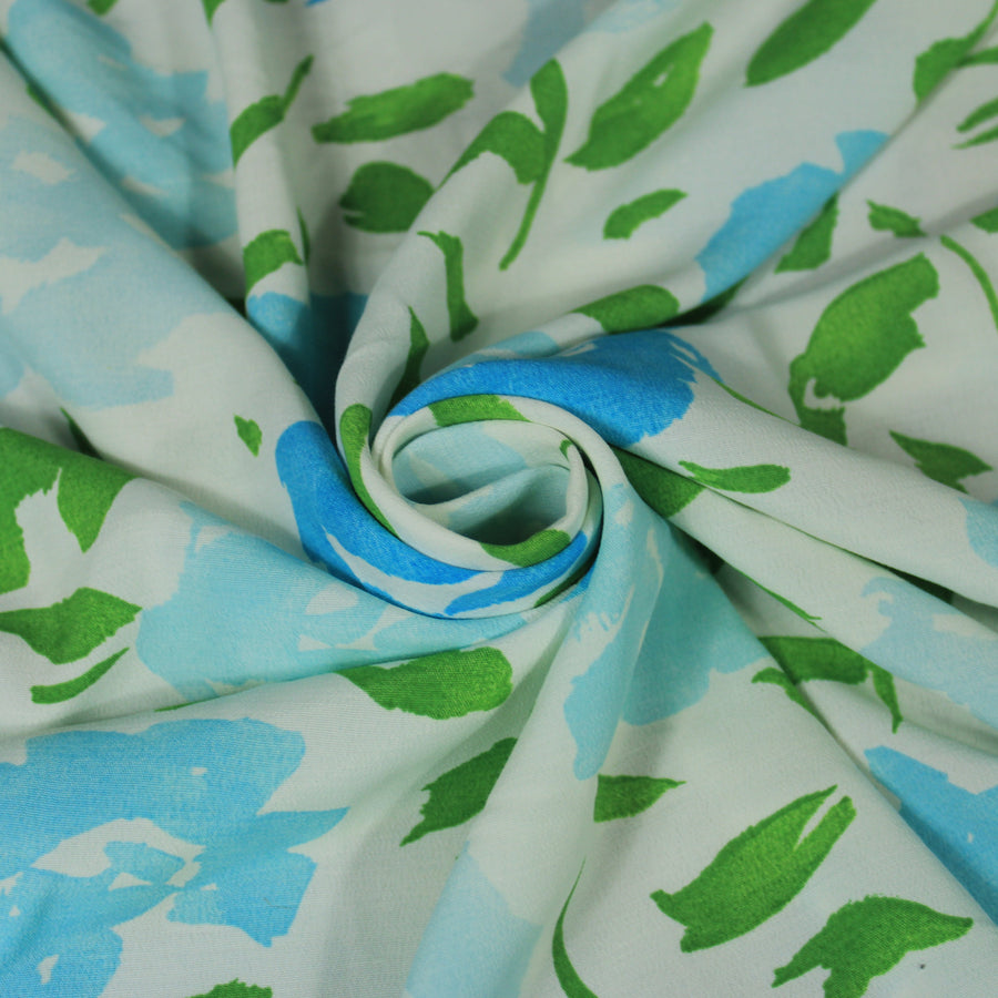 Tissu crêpe viscose - imprimé fleurs vintage - blanc, vert, bleu