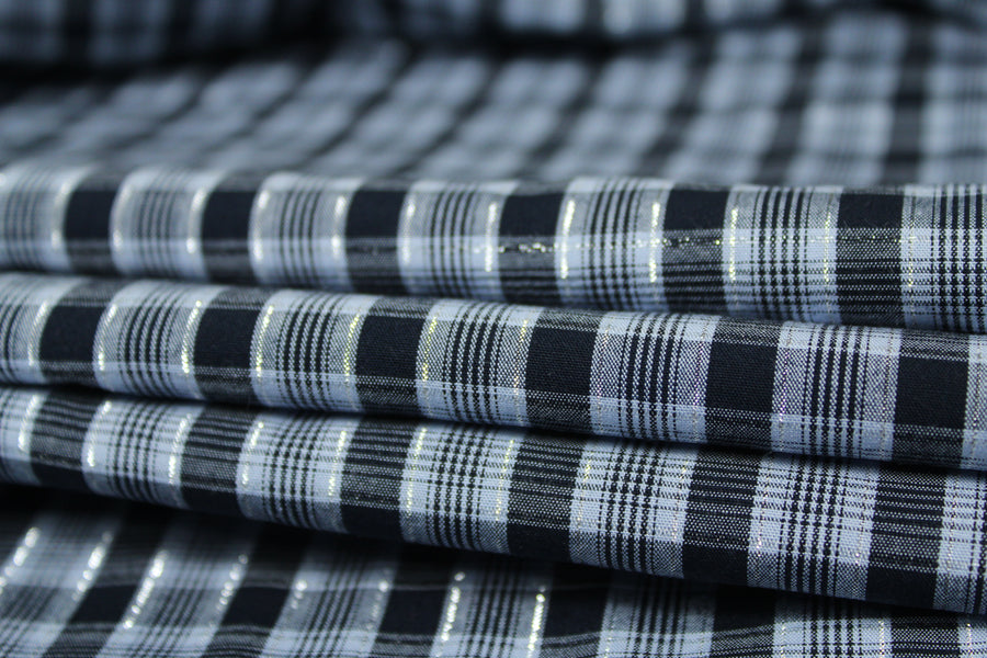 Tissu popeline coton - à carreaux - ton gris bleu