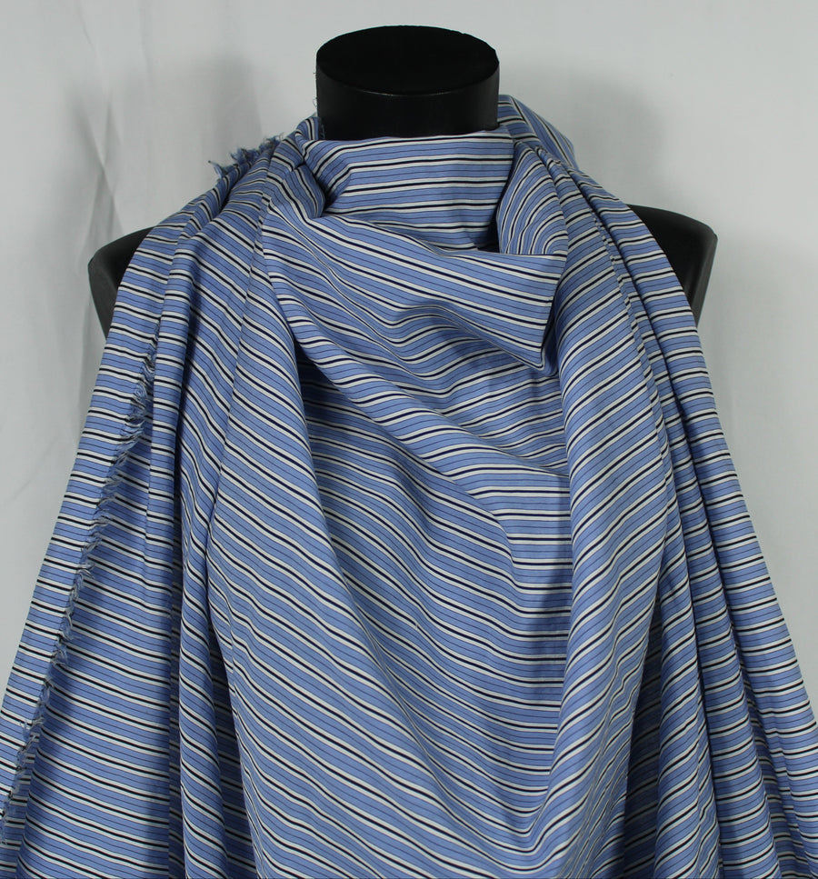 Tissu popeline coton prestige - à rayures - blanc, bleu ciel et noir