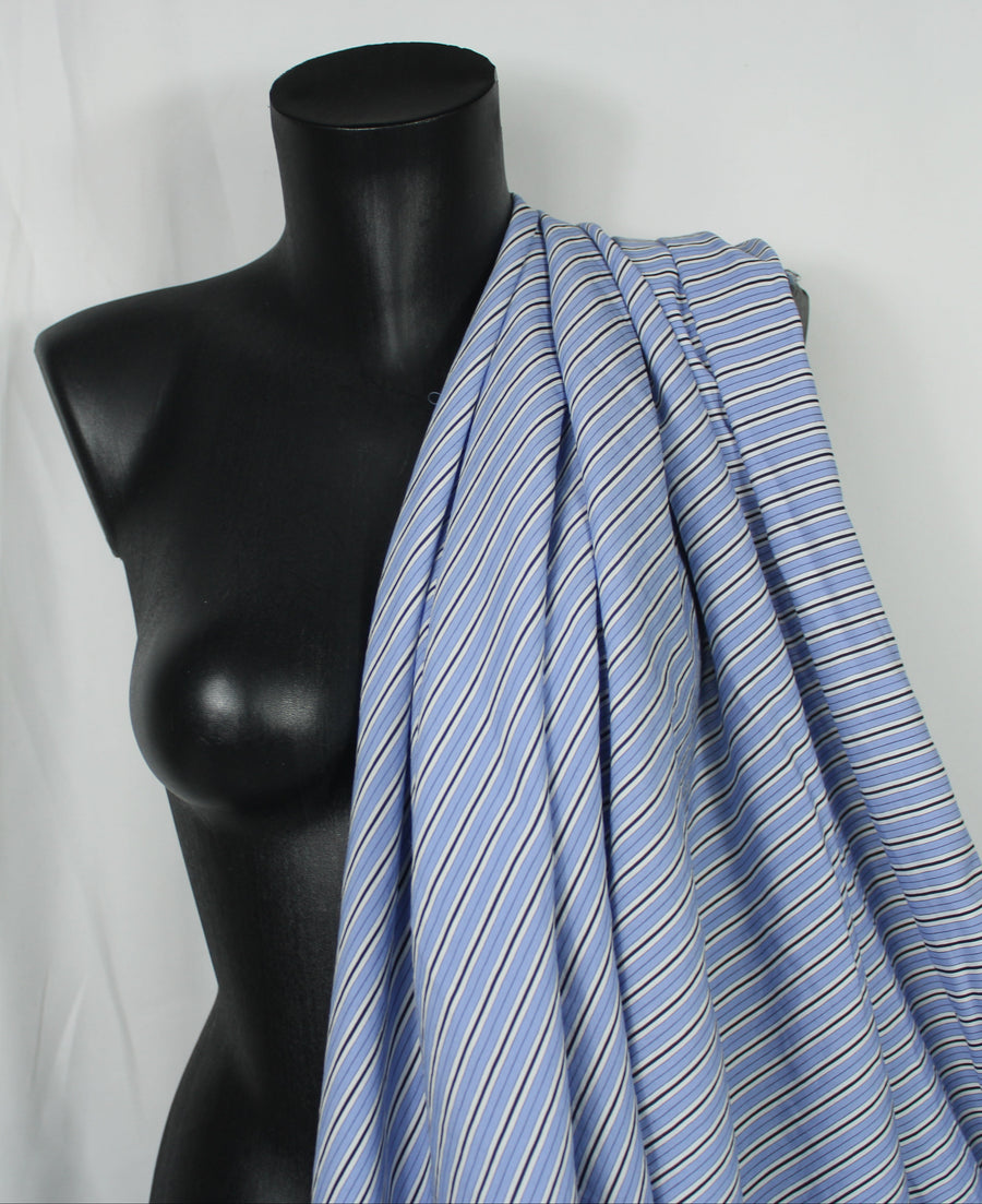 Tissu popeline coton prestige - à rayures - blanc, bleu ciel et noir