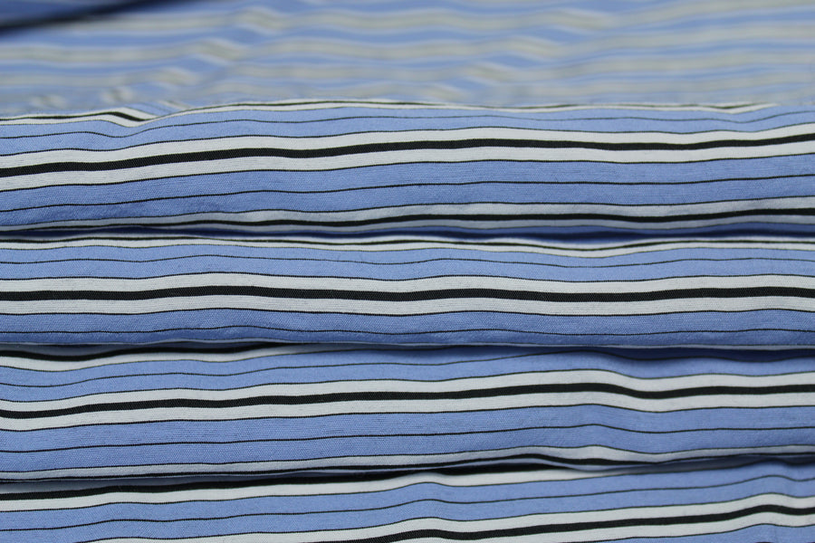 Tissu popeline coton prestige - à rayures - blanc, bleu ciel et noir