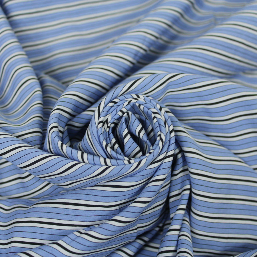 Tissu popeline coton prestige - à rayures - blanc, bleu ciel et noir