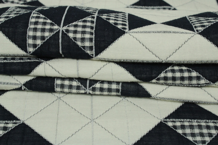 Tissu matelassé - forme géométrique - bleu marine et écru