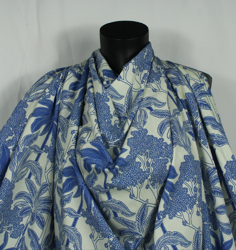 Tissu popeline de coton - imprimé fleuri - bleu et blanc
