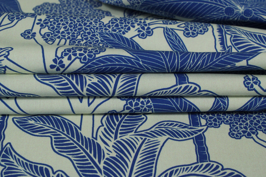 Tissu popeline de coton - imprimé fleuri - bleu et blanc