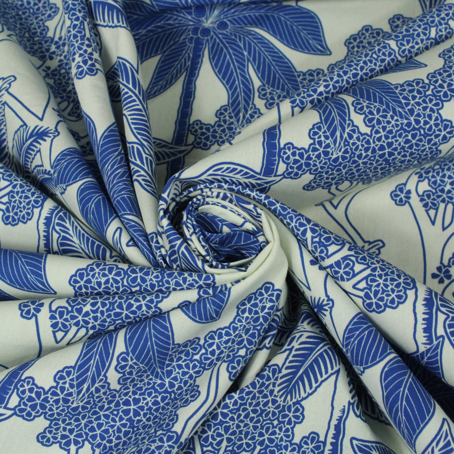 Tissu popeline de coton - imprimé fleuri - bleu et blanc