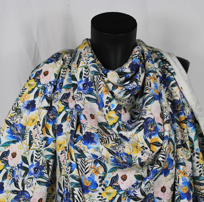 Tissu twill coton et lin - imprimé fleuri - ton bleu - photo 4/5 | So Tissus