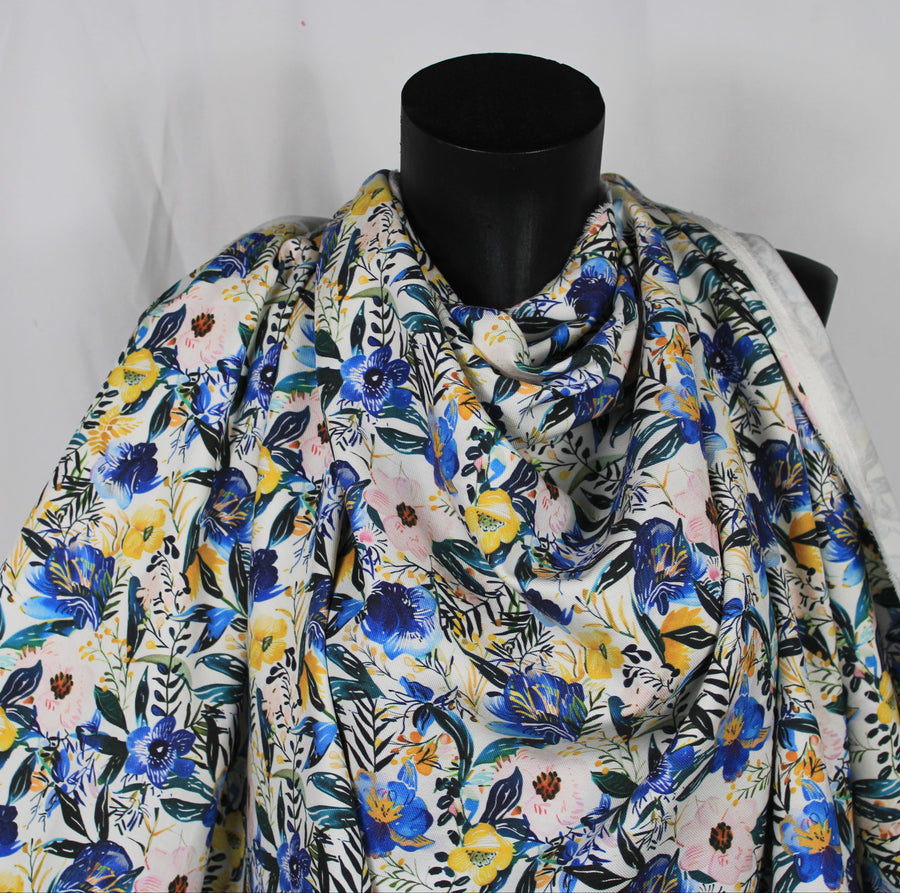 Tissu twill coton et lin - imprimé fleuri - ton bleu