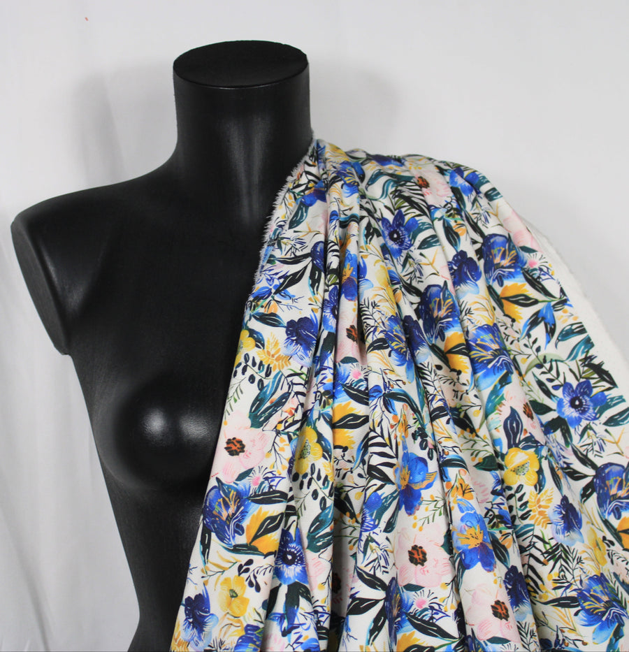 Tissu twill coton et lin - imprimé fleuri - ton bleu