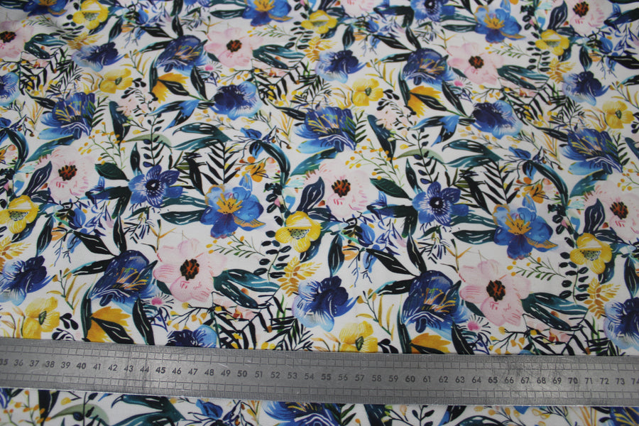 Tissu twill coton et lin - imprimé fleuri - ton bleu