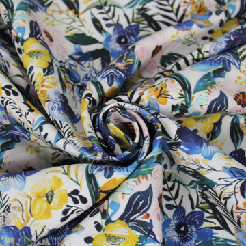Tissu twill coton et lin - imprimé fleuri - ton bleu