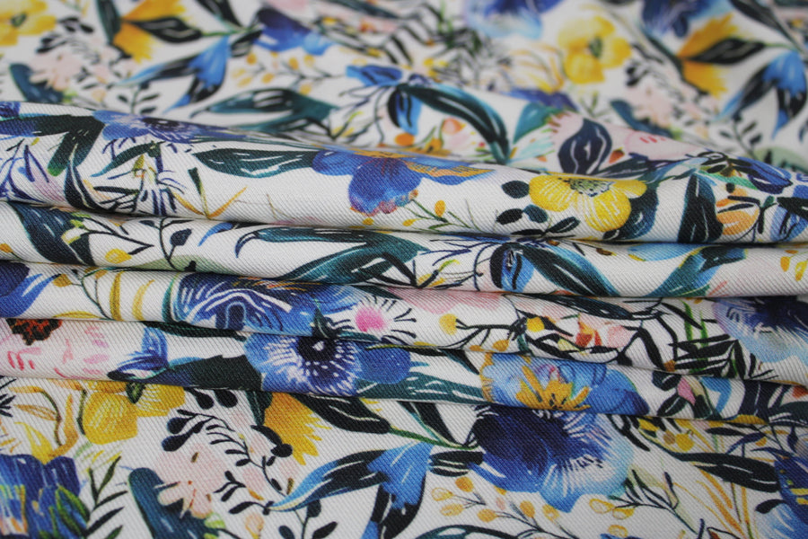 Tissu twill coton et lin - imprimé fleuri - ton bleu