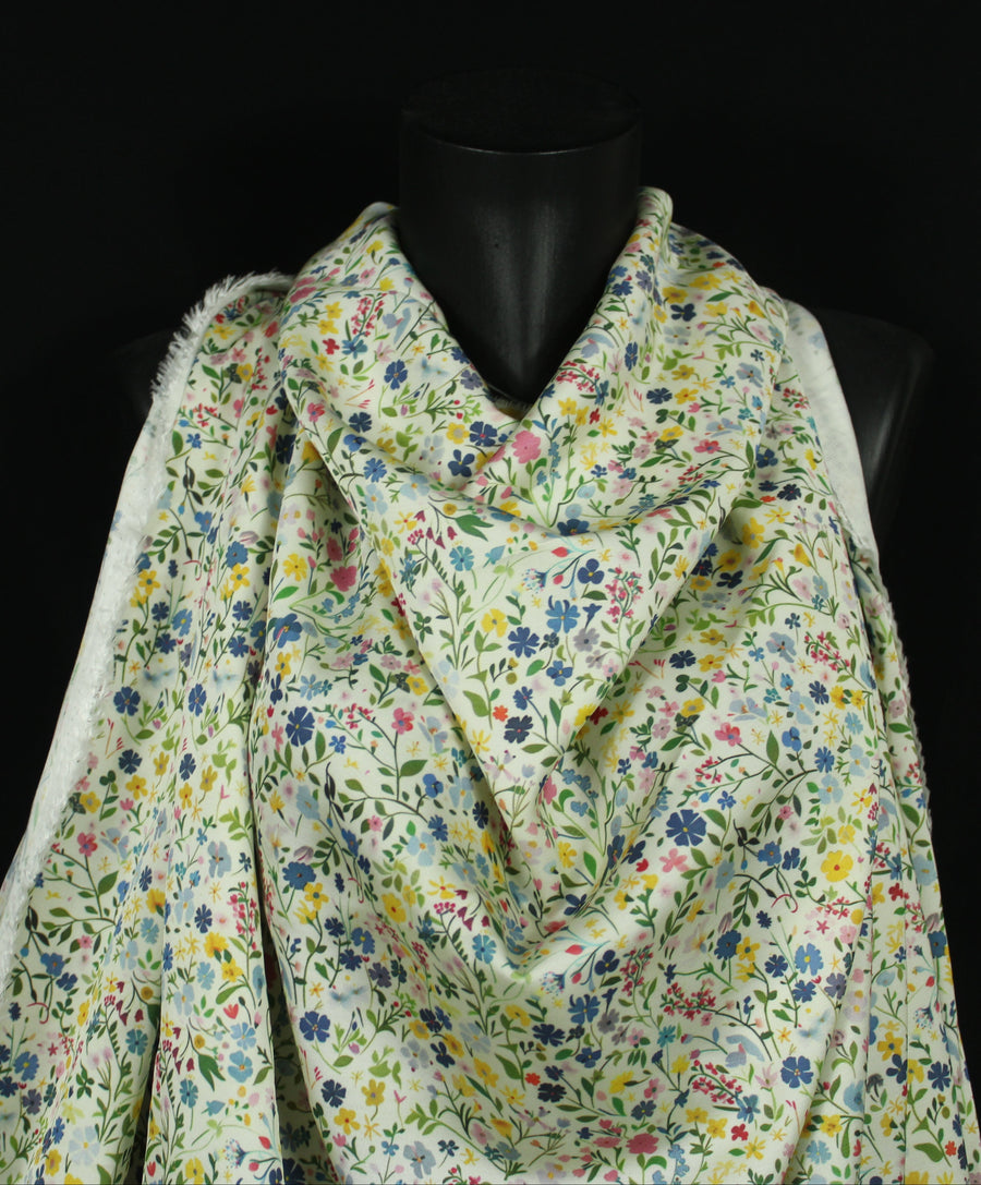 Tissu satin de viscose - imprimé petites fleurs - ton bleu et vert