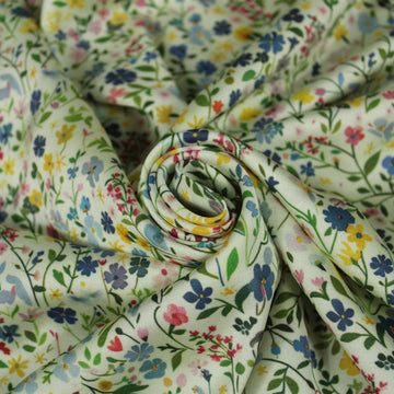 Tissu satin de viscose - imprimé petites fleurs - ton bleu et vert