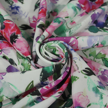 Tissu crêpe de chine 100% soie - imprimé fleurs roses - ton rose et vert