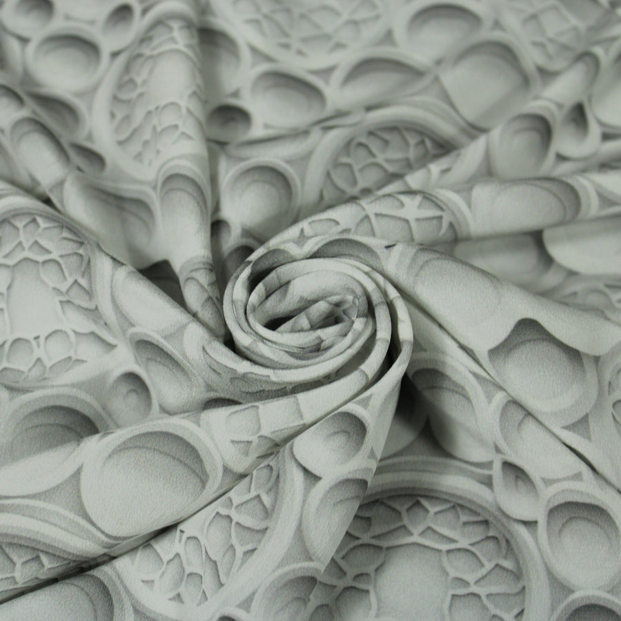 Tissu crêpe de chine 100% soie - imprimé mosaïque 3D - gris et blanc