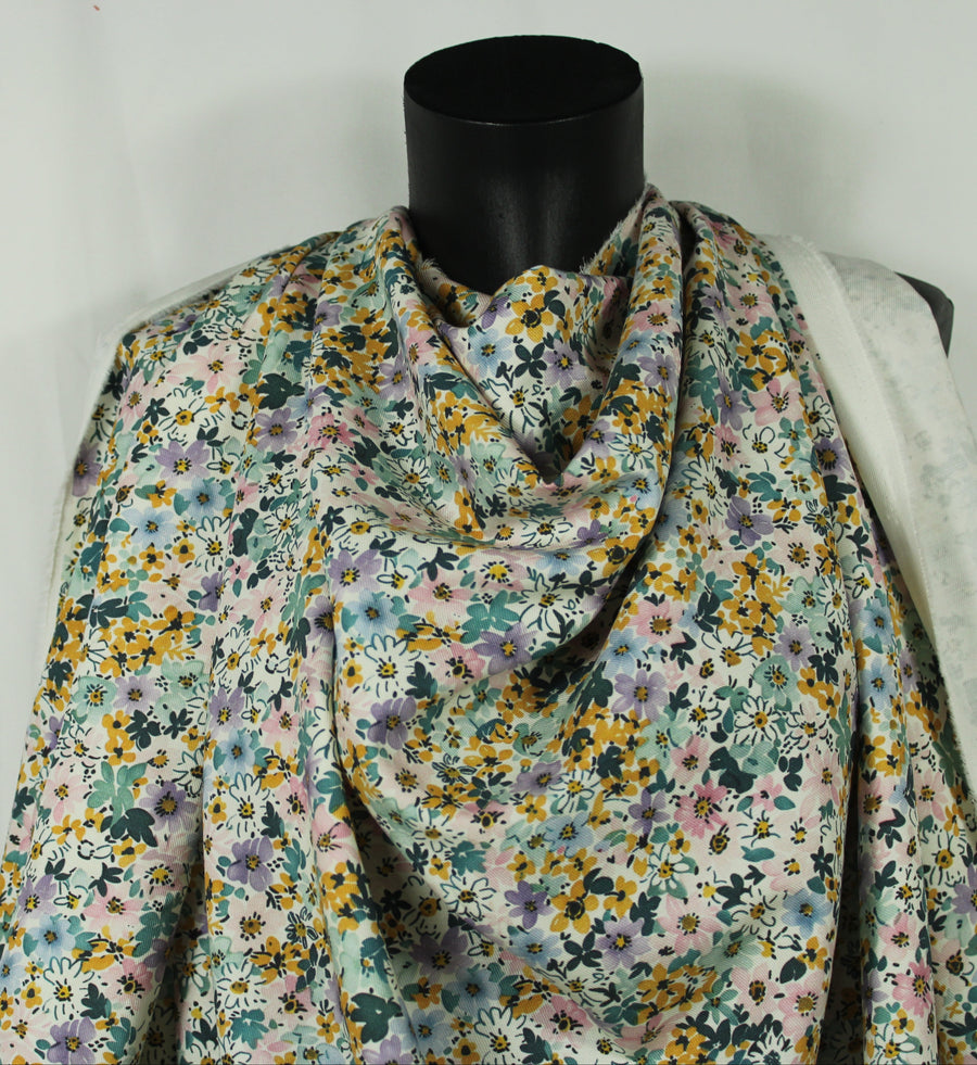 Tissu twill coton et lin - imprimé pretites fleurs - ton vert et pastel
