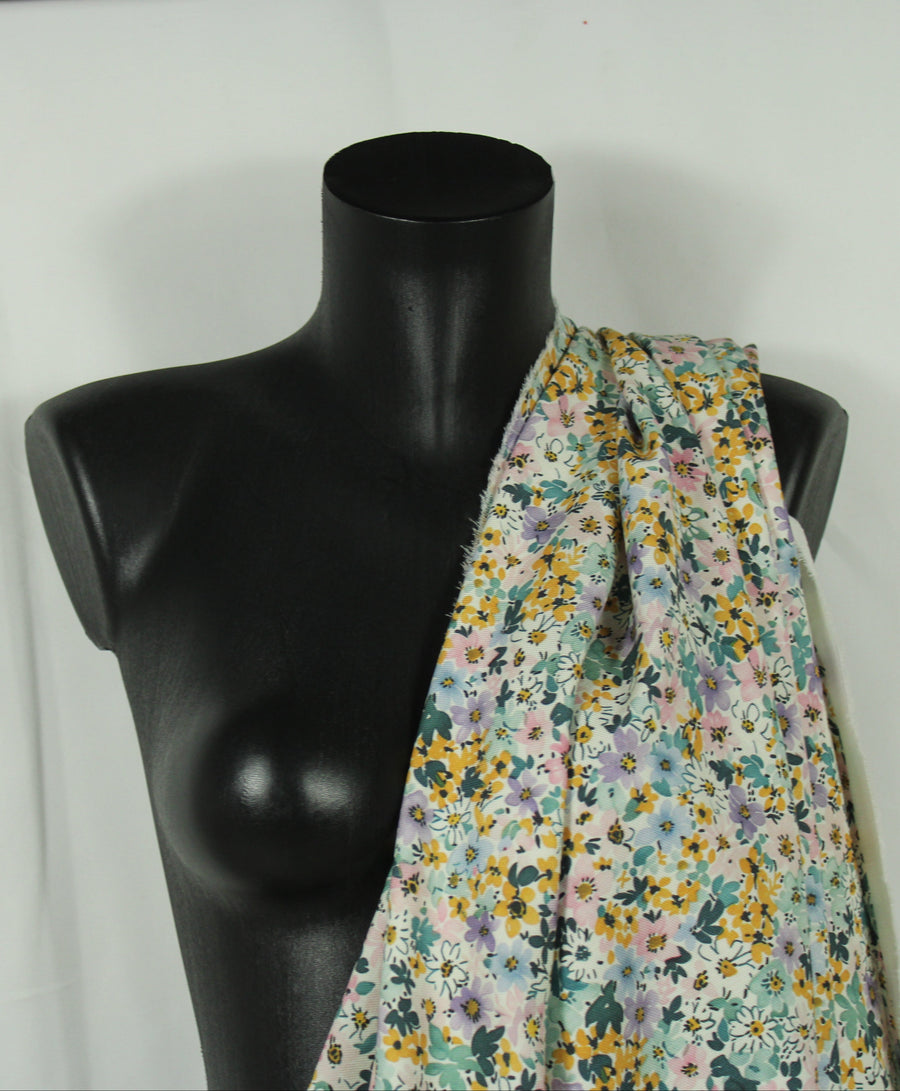 Tissu twill coton et lin - imprimé pretites fleurs - ton vert et pastel